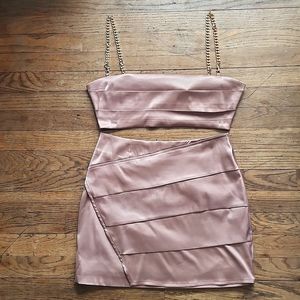 New! Pink Satin Gold Chain Pleated Crop Top Skirt SET 2PC